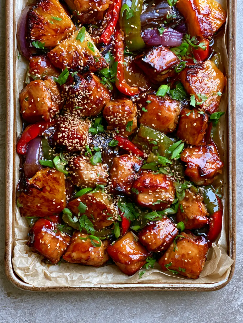 Sheet Pan Pineapple Chicken with Glistening Teriyaki Glaze 3 Close-up of Sheet Pan Pineapple Chicken featuring seared chicken thighs, caramelized pineapple chunks, and toasted sesame seeds.