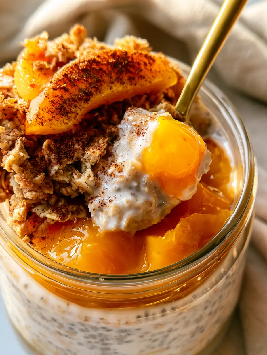 Macro close-up of layered Peach Cobbler Overnight Oats in a glass jar with glistening peaches and cinnamon dusting.