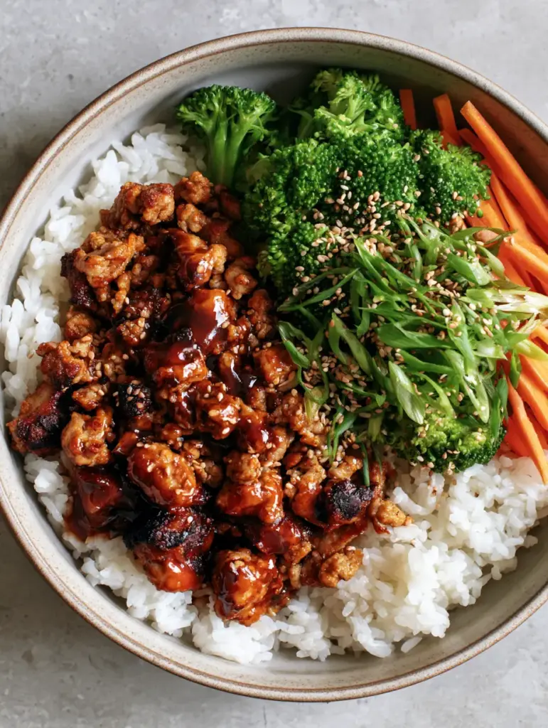 Ground Turkey Teriyaki Rice Bowls with Glossy Mahogany Glaze 1 Detailed shot of thick glossy teriyaki sauce pooling over steamed rice and turkey crumbles.