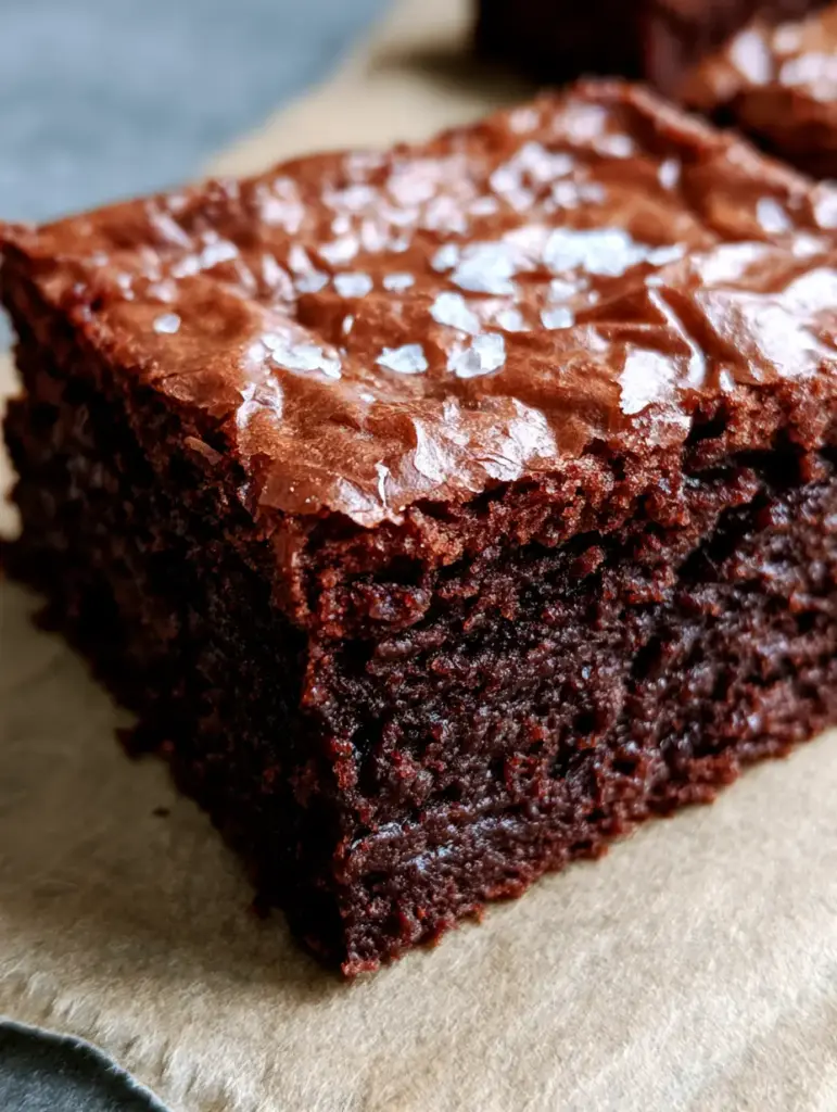 Close-up of a brownie slice showcasing the glossy, crinkled surface and thick chocolate texture. (Cocoa Powder Brownies)