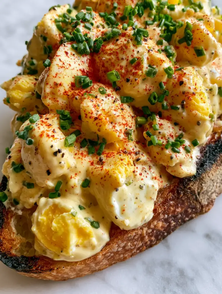 Open-face egg salad sandwich showing vibrant crimson smoked paprika and fresh chives.