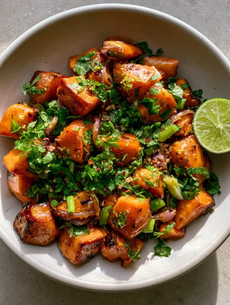 Honey Sweet Potato Summer Salad with Glistening Honey-Lime Glaze 1 Close up of charred sweet potato cubes in a Honey Sweet Potato Summer Salad with red onions and chili flakes.