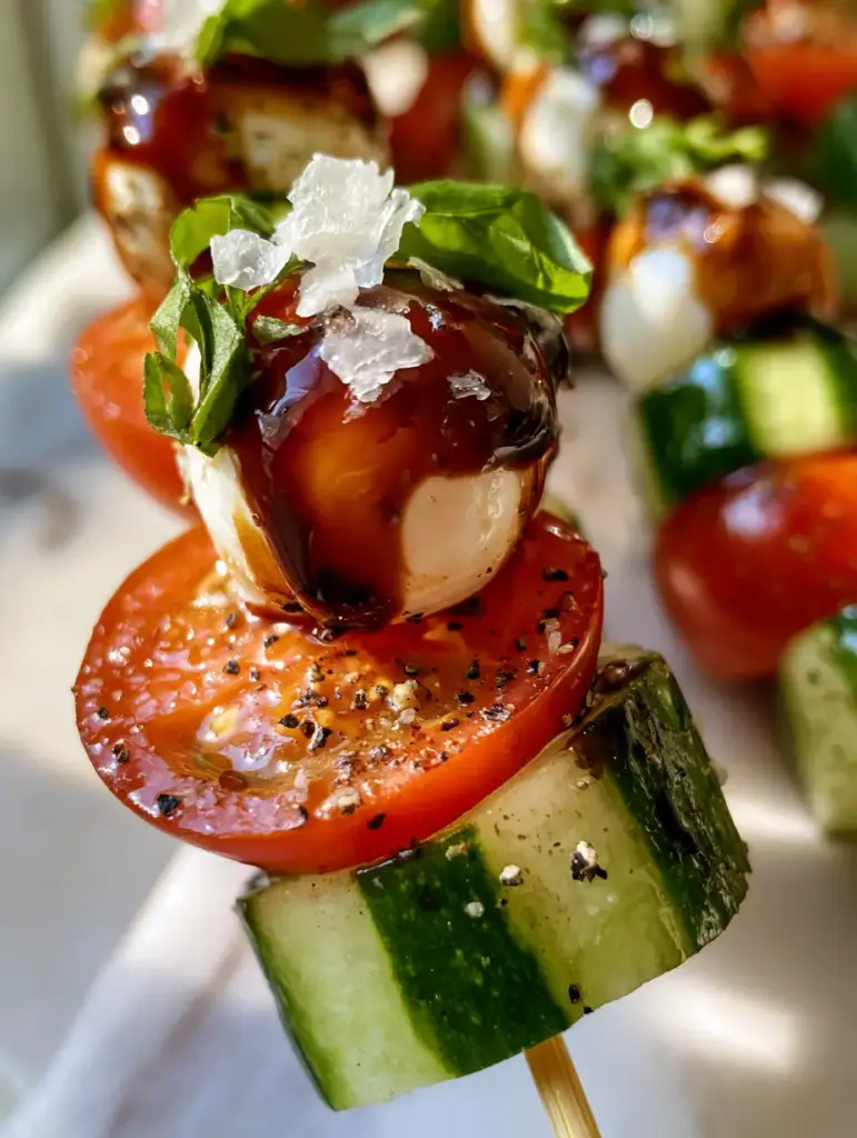 Cucumber Caprese Skewers: The Ultimate Refreshing 10-Minute Appetizer 1 Close-up of Cucumber Caprese Skewers with visible coarse sea salt flakes and cracked black pepper garnish.