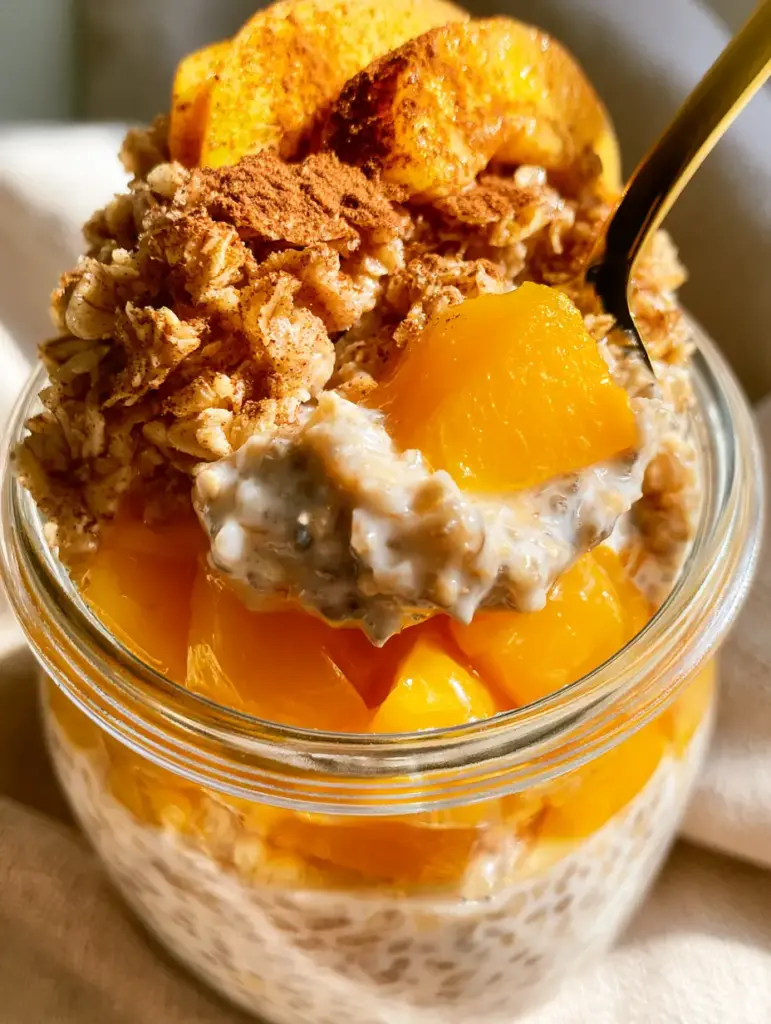 Side angle shot of a gold spoon dipping into a jar of Peach Cobbler Overnight Oats topped with golden-brown toasted oat crumble.