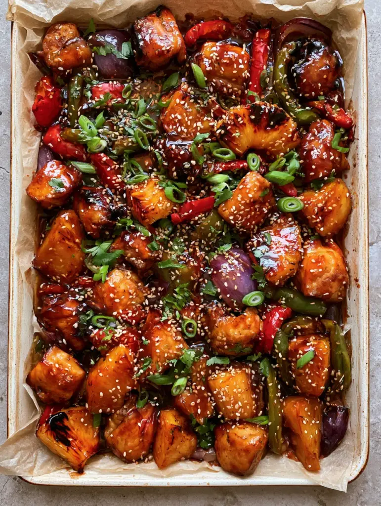 Sheet Pan Pineapple Chicken with Glistening Teriyaki Glaze 1 Rustic rimmed baking sheet filled with Sheet Pan Pineapple Chicken, blistered bell peppers, and fresh cilantro garnish.