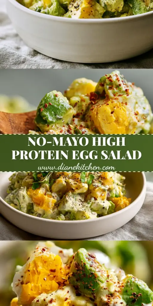 A vertical split-screen showing a hero shot of chunky avocado egg salad in a white bowl and a macro shot of a wooden spoon lifting a textured scoop. (egg salad)