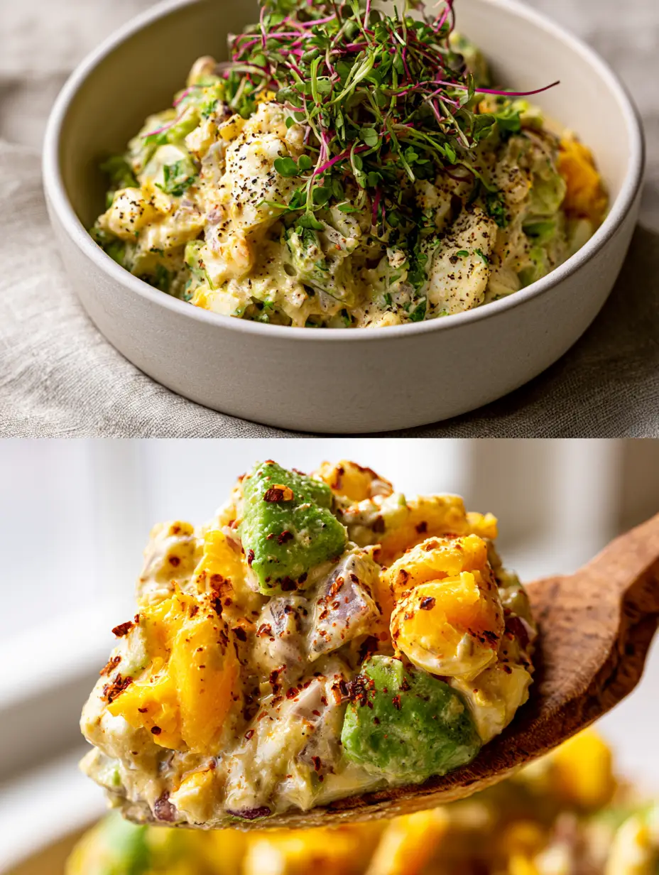 A minimalist matte white ceramic bowl filled with large-chunk egg salad, topped with cracked pepper and microgreens. (egg salad)
