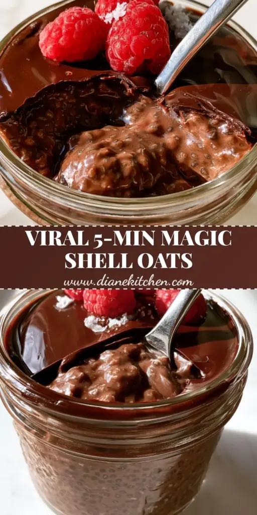 A handheld photo of chocolate chia overnight oats in a glass jar with a cracked dark chocolate magic shell and raspberries.
