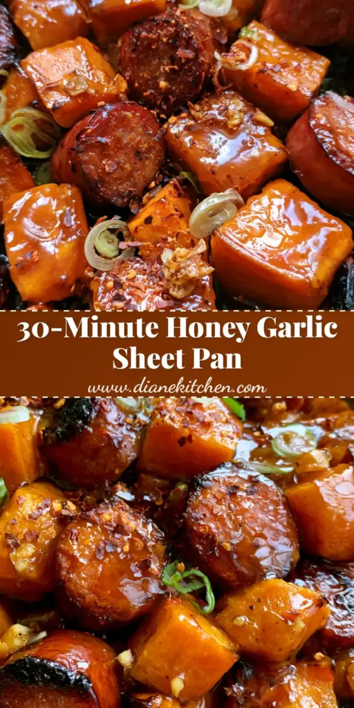 A top-down shot of sheet pan sausage and sweet potatoes with a glistening honey garlic glaze and charred edges.