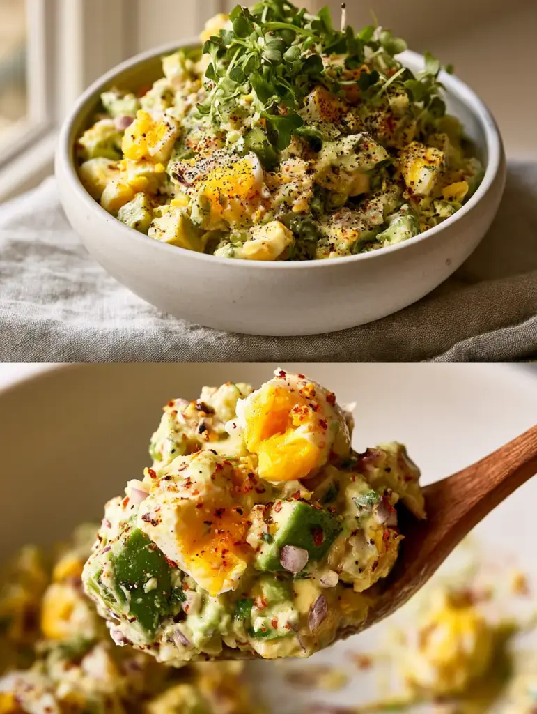 Macro close-up of a wooden spoon lifting a chunky scoop of avocado egg salad showing red pepper flakes and yellow yolks.