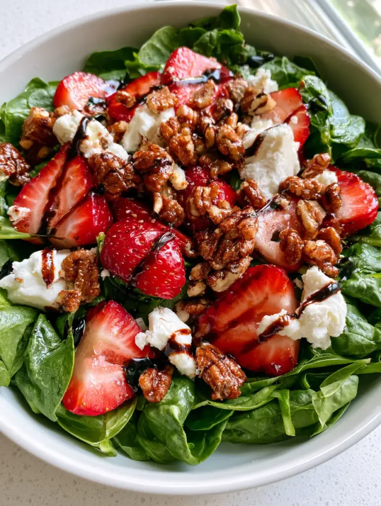 Strawberry Salad with Goat Cheese and Candied Pecans 2 Overhead shot of a strawberry salad featuring thick strawberry slices and large goat cheese crumbles on baby spinach.