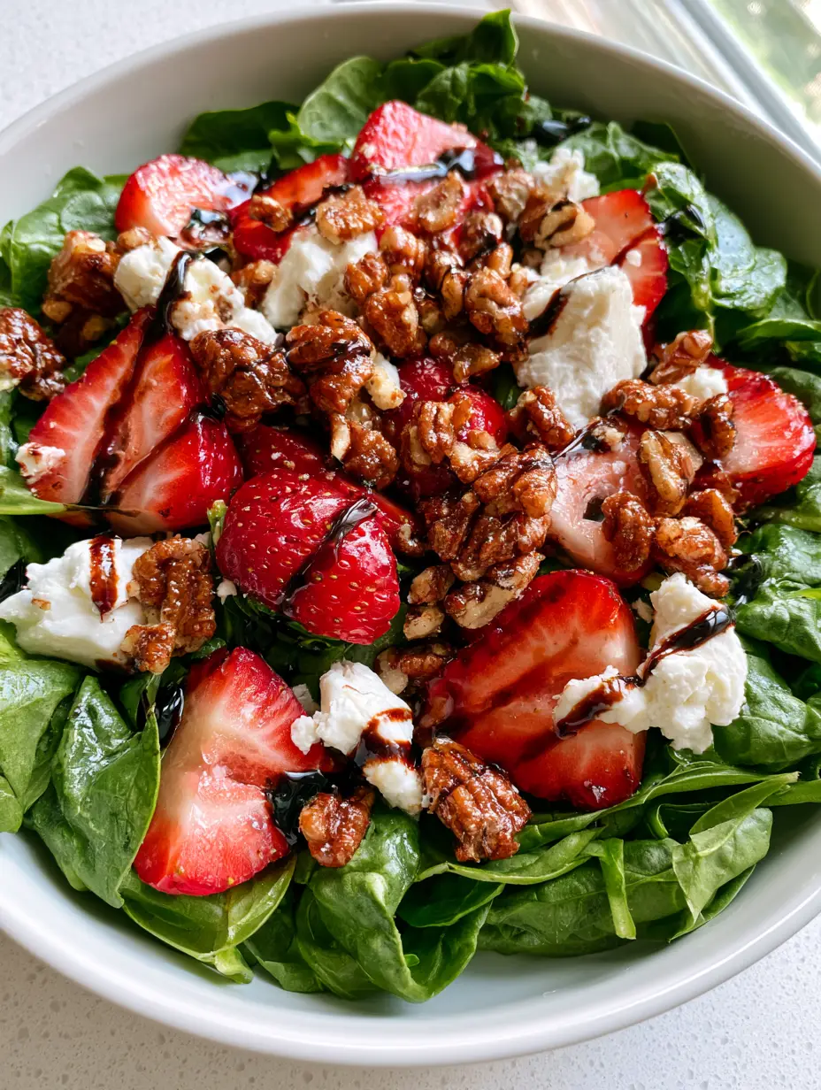Strawberry Salad with Goat Cheese and Candied Pecans 3 Overhead shot of a strawberry salad featuring thick strawberry slices and large goat cheese crumbles on baby spinach.