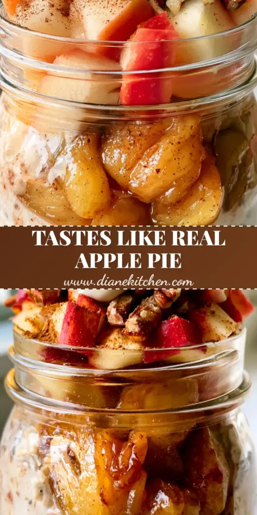 A tall glass mason jar filled with cinnamon apple overnight oats, layered with caramelized apples, topped with fresh red apples, pecans, and a dollop of Greek yogurt.