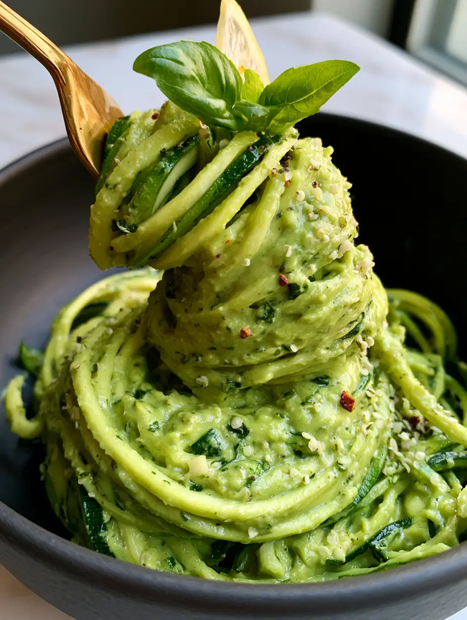 Macro shot of vibrant green zucchini ribbons coated in thick avocado pesto sauce with red pepper flakes.