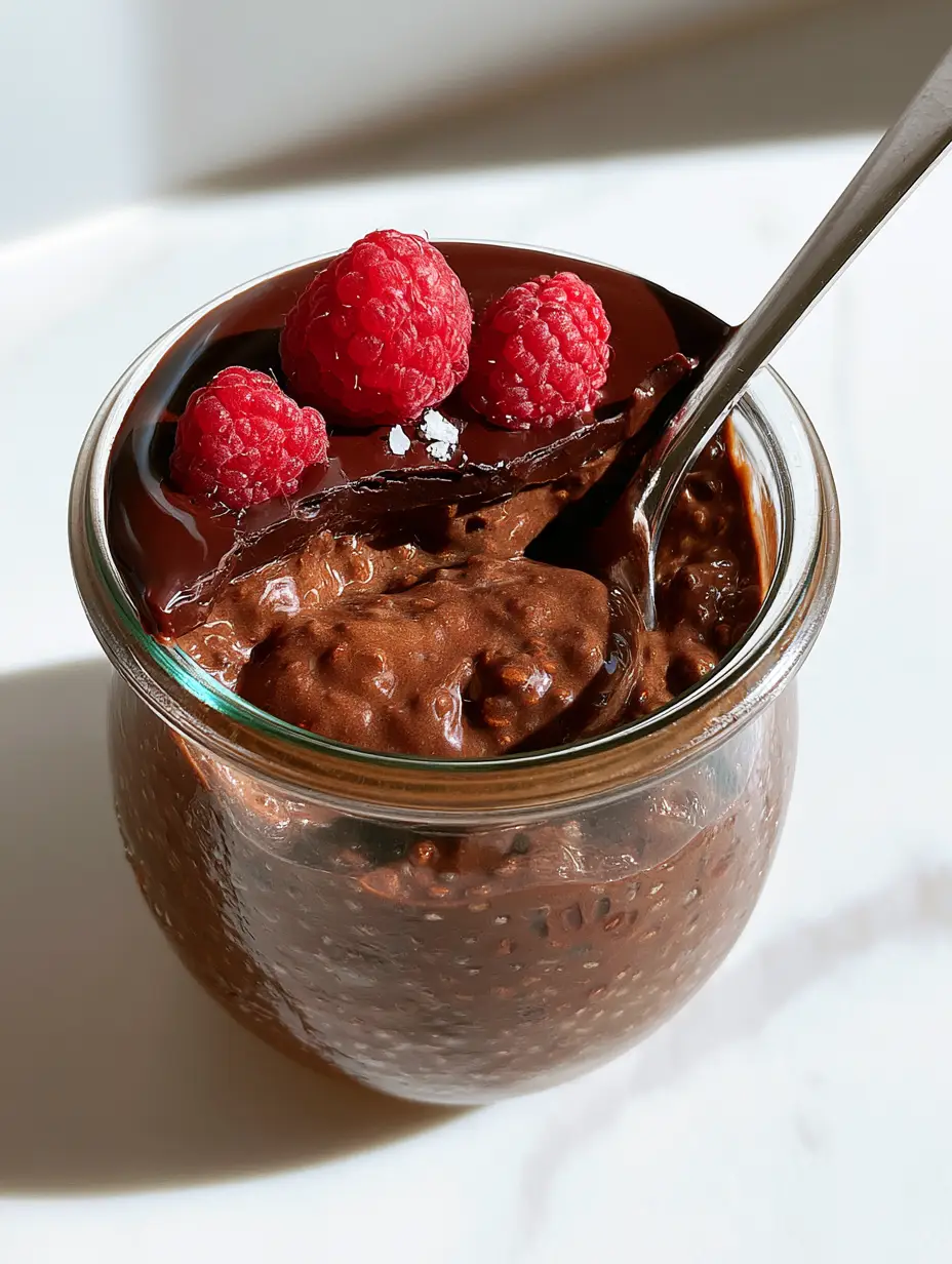 Close up view of the jagged crack in the dark chocolate shell of the chocolate chia overnight oats.