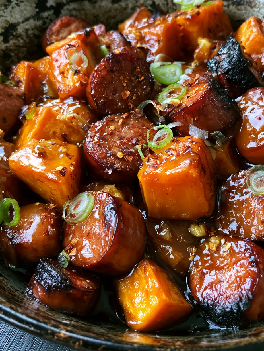 Close up of caramelized smoked sausage rounds and sweet potato cubes on a rustic metal pan. (Sheet pan sausage and sweet potatoes)