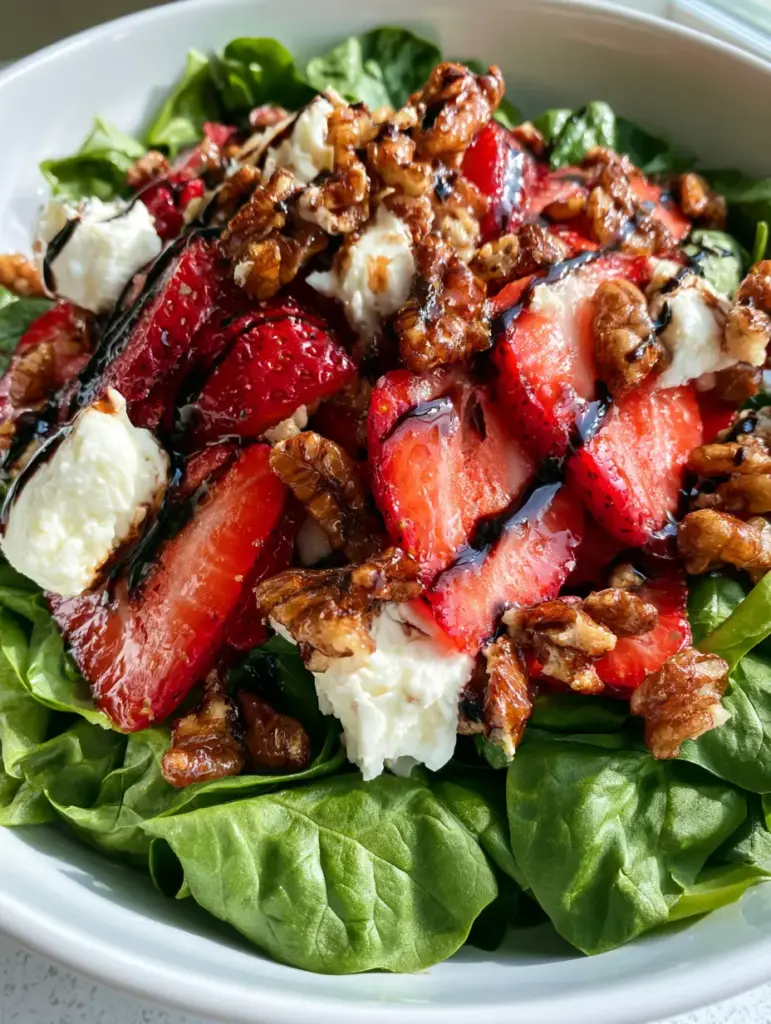 Strawberry Salad with Goat Cheese and Candied Pecans 1 Close up of balsamic glaze zig-zagging over a fresh strawberry salad with candied pecans.