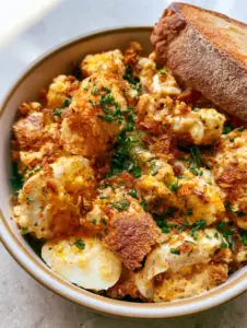 Macro top-down view of a bowl of crispy egg salad showing jagged golden breadcrumbs and bright yellow yolks.