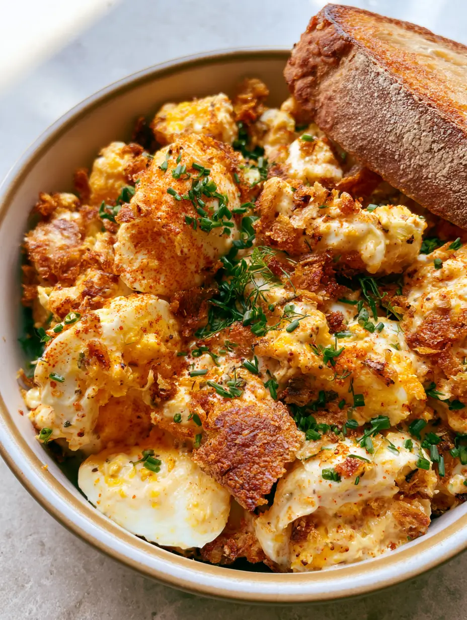 Macro top-down view of a bowl of crispy egg salad showing jagged golden breadcrumbs and bright yellow yolks.
