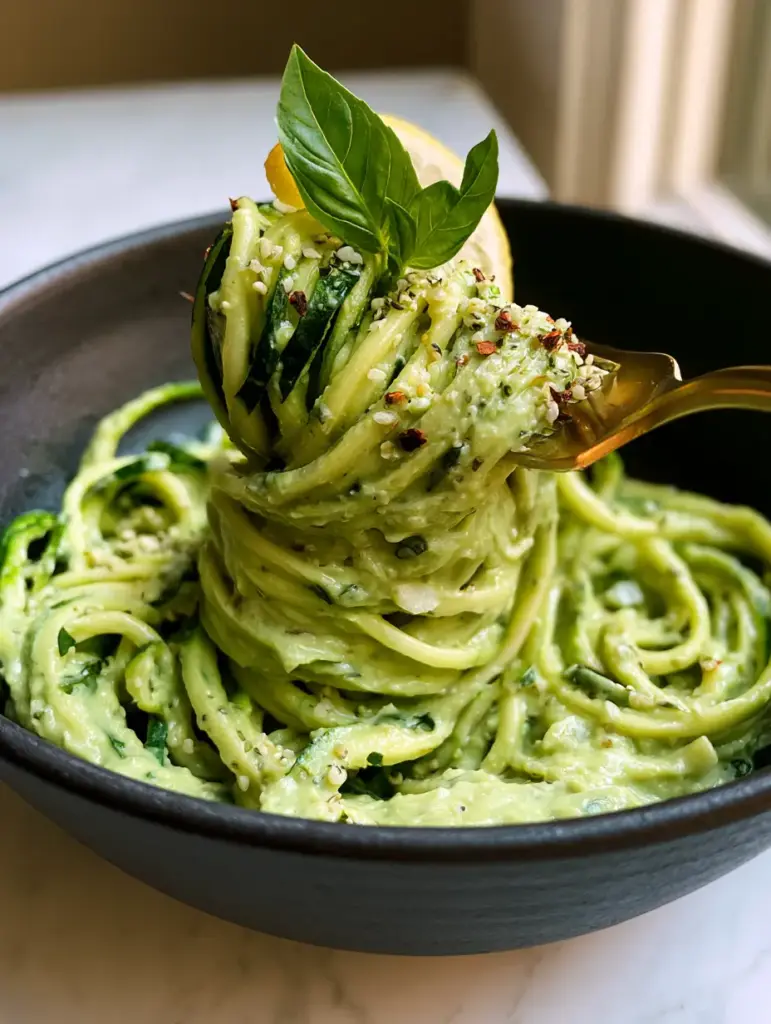 A swirl of Avocado pesto zucchini noodles in a matte black bowl on a marble surface.