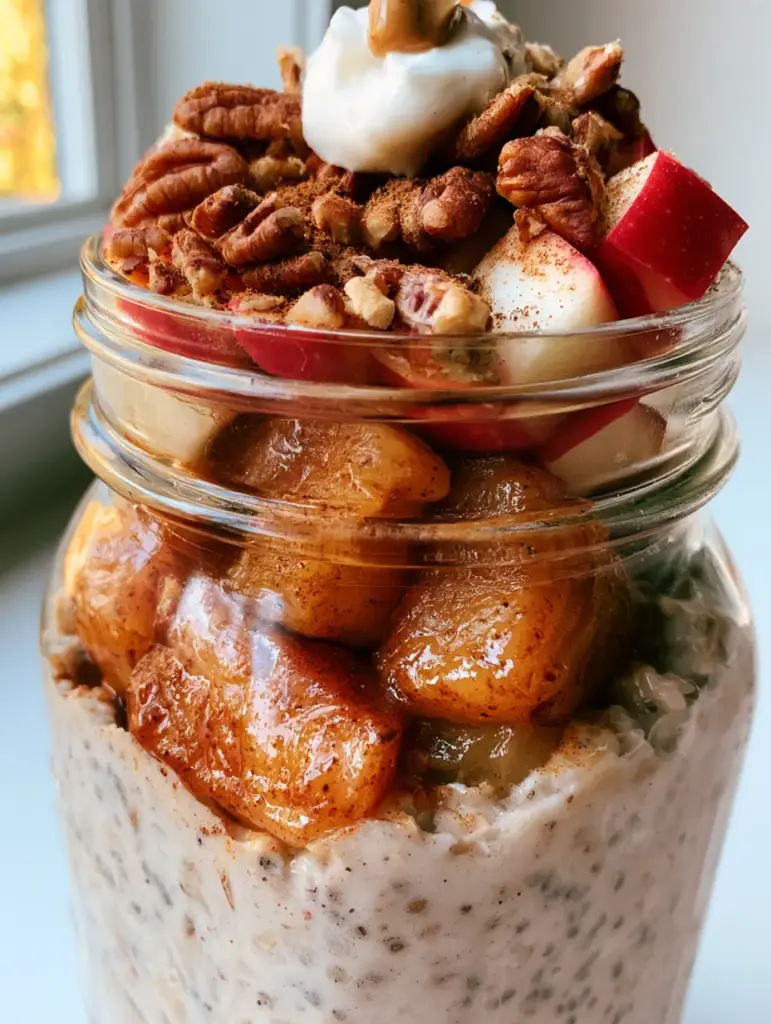 Macro view of creamy cinnamon apple overnight oats with visible chia seeds and a thick maple syrup glaze on sautéed apples.