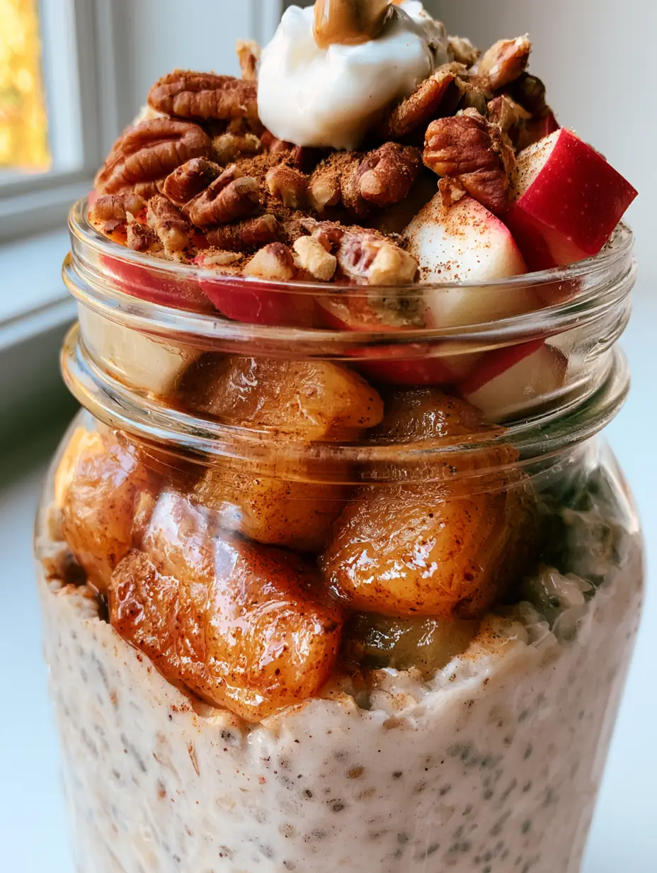 Macro view of creamy cinnamon apple overnight oats with visible chia seeds and a thick maple syrup glaze on sautéed apples.