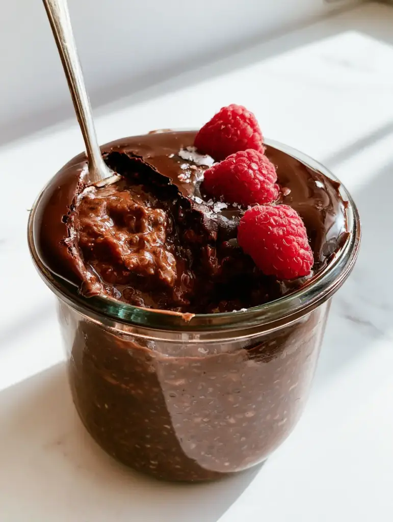 A glass jar on a white marble counter filled with layered chocolate chia overnight oats and fresh raspberries.