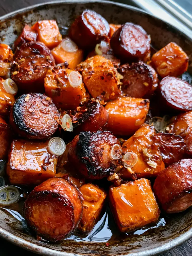 A wide angle view of the sheet pan sausage and sweet potatoes garnished with green onions and chili flakes.