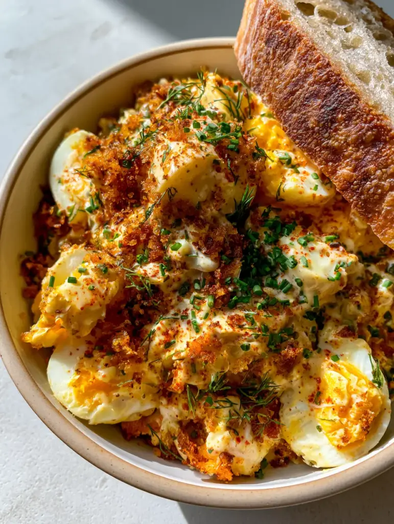 Chunky crispy egg salad topped with smoked paprika and fresh herbs next to a slice of toasted sourdough.