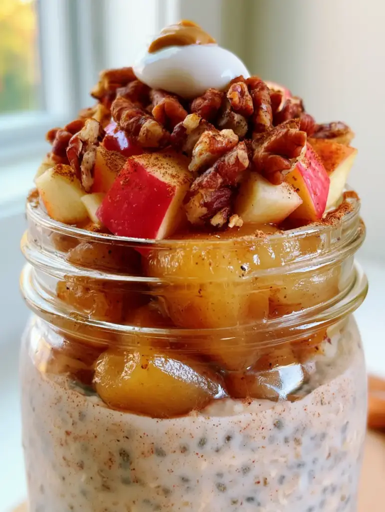 Close-up of toasted pecans and fresh red apple chunks topping a jar of cinnamon apple overnight oats with an almond butter drizzle.