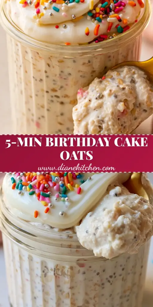 A vertical macro shot of birthday cake overnight oats in a ribbed jar with rainbow sprinkles and a gold spoon.