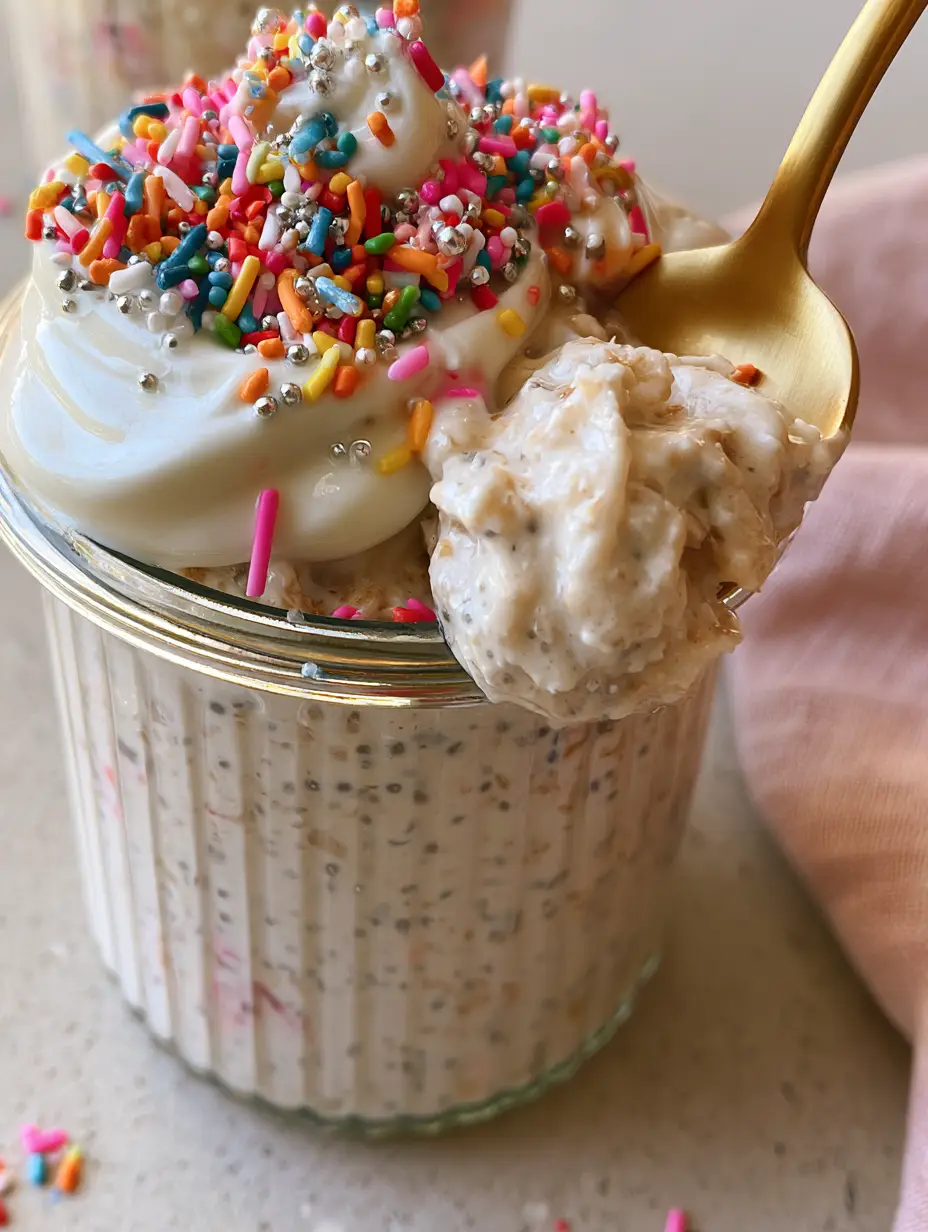 Creamy birthday cake overnight oats base with a thick vanilla yogurt swirl and sprinkles in a clear ribbed jar.
