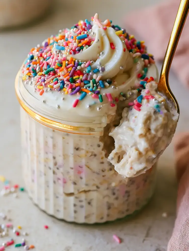 Close-up of a golden spoon scooping a dollop of birthday cake overnight oats with silver sugar pearls.