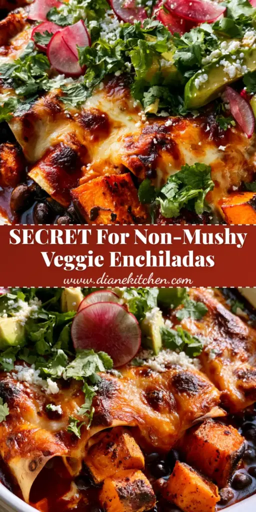 Sweet Potato Black Bean Enchiladas with Glossy Red Sauce 3 A white ceramic dish of sweet potato black bean enchiladas topped with melted golden cheese, radishes, and avocado.