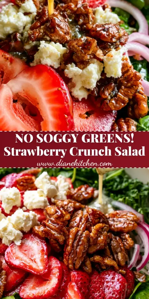 A vibrant Strawberry Crunch Salad featuring crimson strawberries, honey-glazed pecans, and kale ribbons in a matte white bowl.