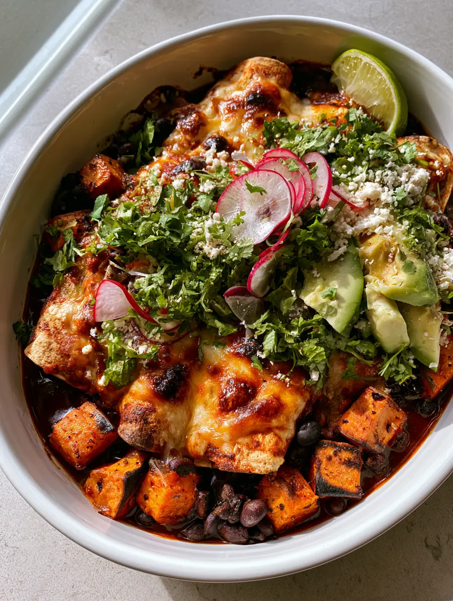 Sweet Potato Black Bean Enchiladas with Glossy Red Sauce 4 Close up of caramelized sweet potato cubes and black beans inside corn tortillas with crimson red sauce. (sweet potato black bean enchiladas)