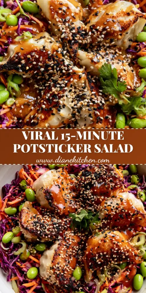 Potsticker Salad with Crispy Pork Dumplings and Sesame Ginger Dressing 3 Top-down view of a potsticker salad with golden-brown pan-seared pork dumplings, purple cabbage slaw, and glossy amber sesame dressing in a white bowl.