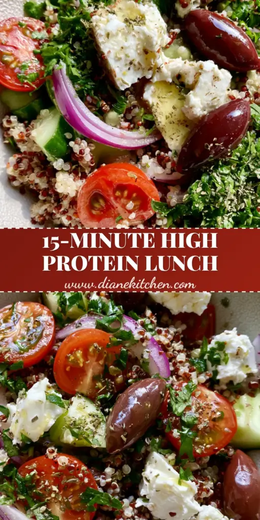 A vertical Pinterest-friendly image showing a vibrant Mediterranean salad bowl. (Quinoa salad recipes)