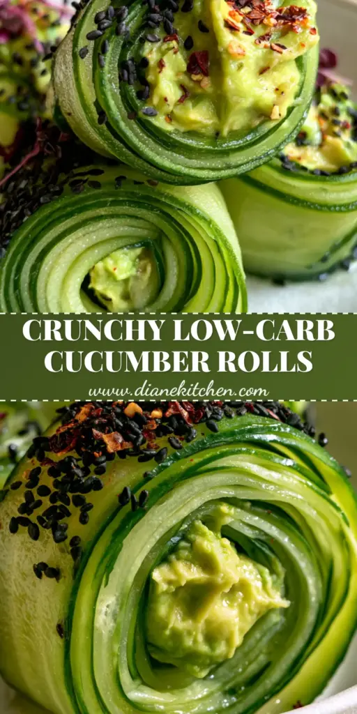 Cucumber Avocado Rolls: The Ultimate 10-Minute Healthy Snack 4 A close-up of vertical Cucumber Avocado Rolls topped with purple radish sprouts and black sesame seeds on a white plate.