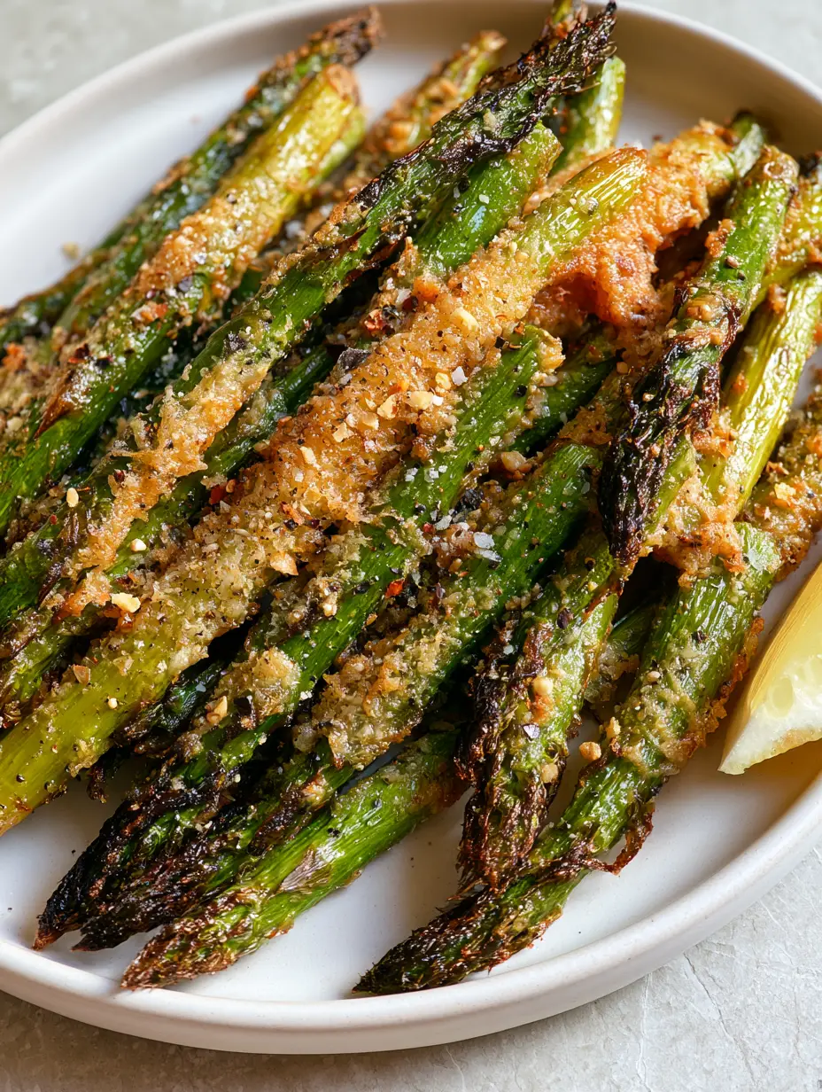 Extreme close-up of blistered green parmesan asparagus spears showing toasted minced garlic and sea salt crystals.