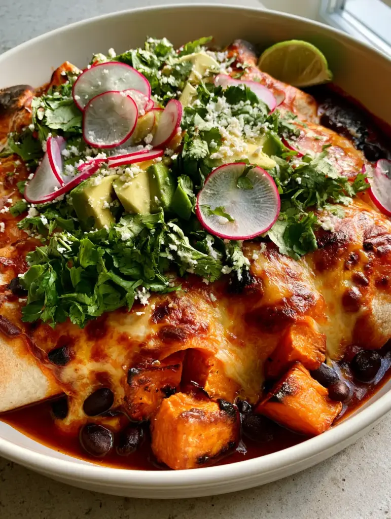 Sweet Potato Black Bean Enchiladas with Glossy Red Sauce 1 A top-down view of bubbling golden-brown cheese on sweet potato black bean enchiladas garnished with cilantro and lime.