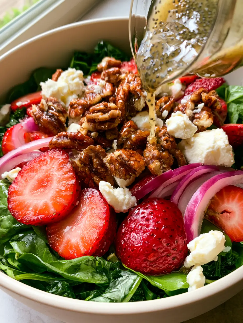 Top down close up of Strawberry Crunch Salad with glossy poppyseed dressing drizzle.