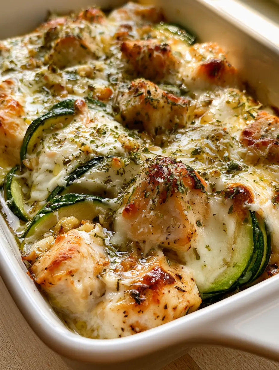 Close up of Chicken Zucchini Bake showing detailed cheese bubbles, toasted parmesan, and green herb flakes.