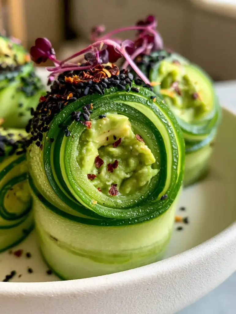 Cucumber Avocado Rolls: The Ultimate 10-Minute Healthy Snack 2 Translucent green English cucumber ribbons tightly spiraled around creamy avocado filling.