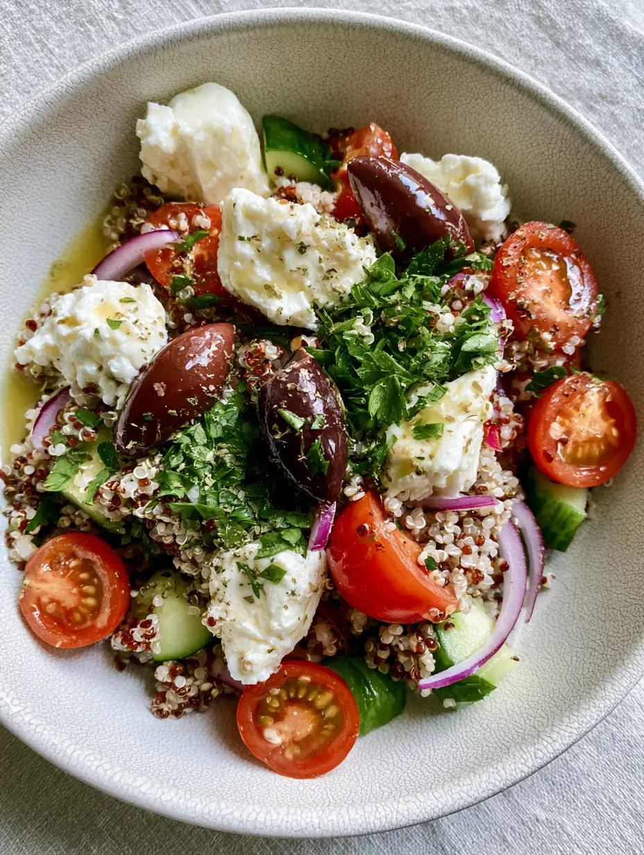 A macro, top-down lifestyle photo of a vibrant Mediterranean Quinoa Salad in a matte white bowl. (Quinoa salad recipes)