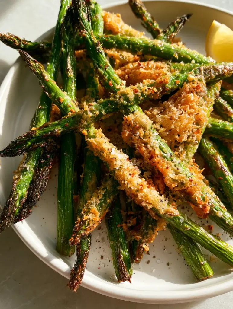 Top-down view of a pile of parmesan asparagus on a matte white plate with a fresh lemon wedge.