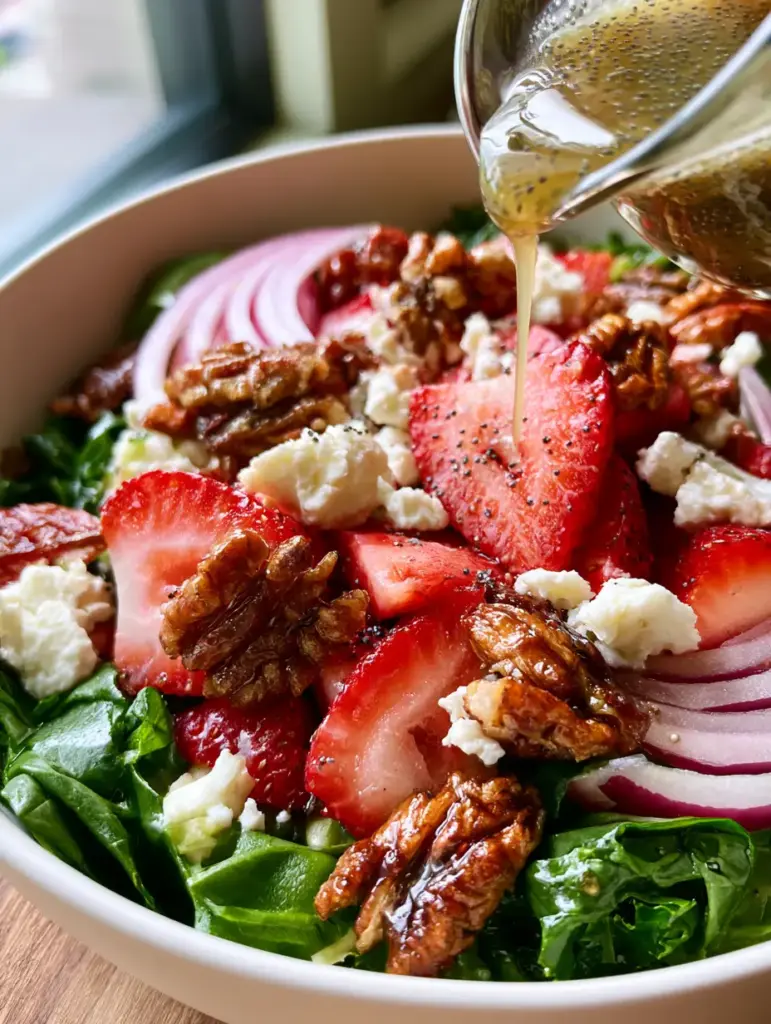 Overhead view of a modern white bowl filled with Strawberry Crunch Salad, featuring feta and red onion crescents.