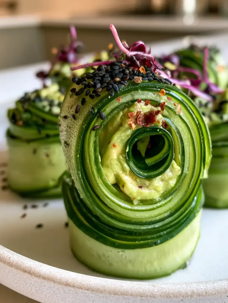 Cucumber Avocado Rolls: The Ultimate 10-Minute Healthy Snack 1 Cucumber Avocado Rolls glistening with fresh condensation droplets and garnished with red pepper flakes.