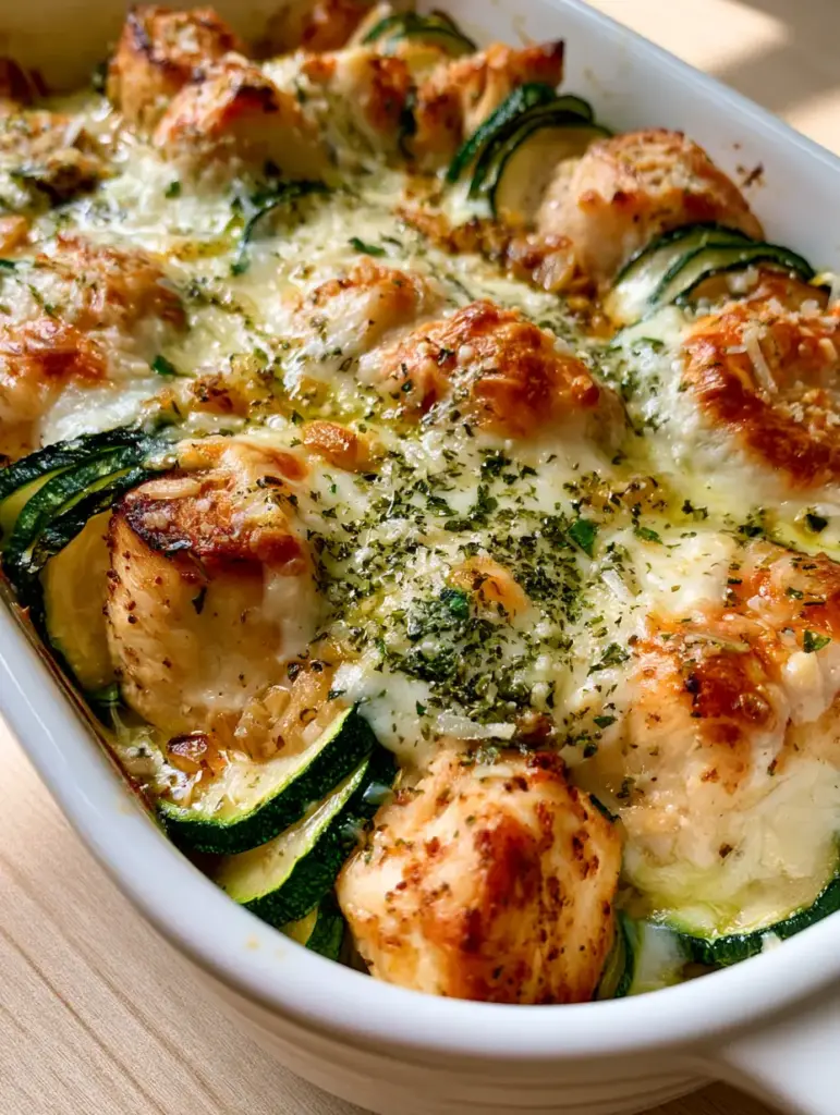 Overhead view of a Garlic Chicken Zucchini Bake on a wood countertop with natural lighting.