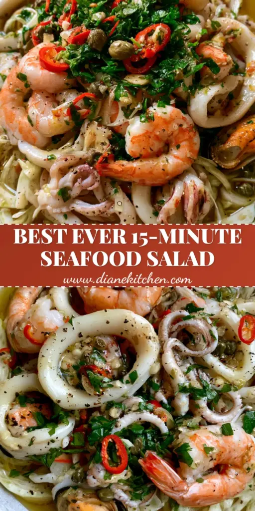 A vibrant Italian Seafood Salad featuring jumbo shrimp, calamari, and mussels in a ceramic bowl. (Italian Seafood Salad)